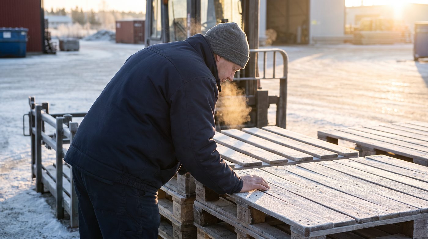 A worker in a plain navy insulated work jacket and beanie checking stock in an outdoor yard on a frosty morning