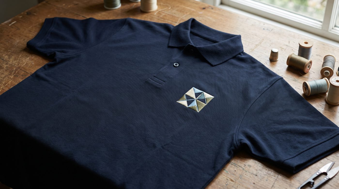 Close-up of a plain navy polo shirt on a table with a small, abstract embroidered emblem and blank thread spools beside it