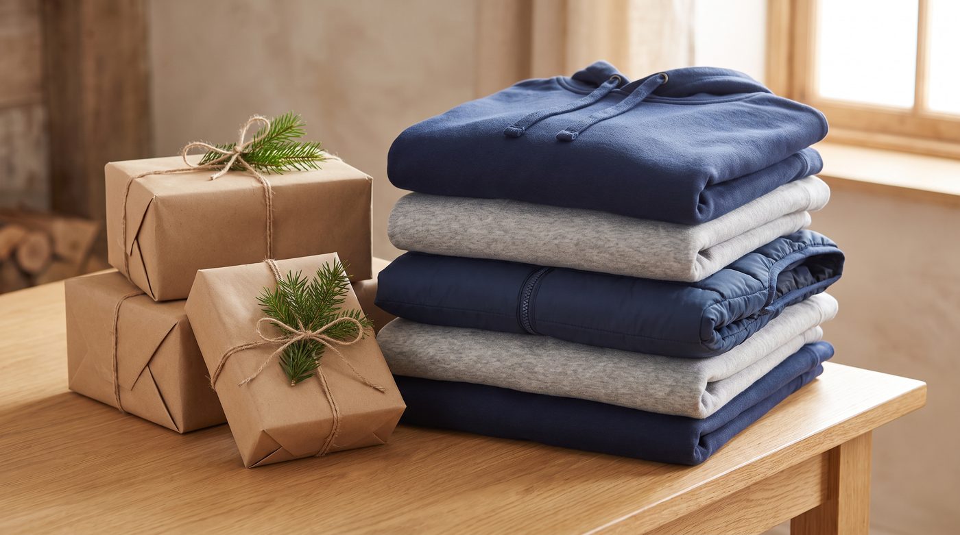 A neat stack of folded plain navy and grey hoodies and gilets on a wooden table beside simple brown-paper wrapped parcels