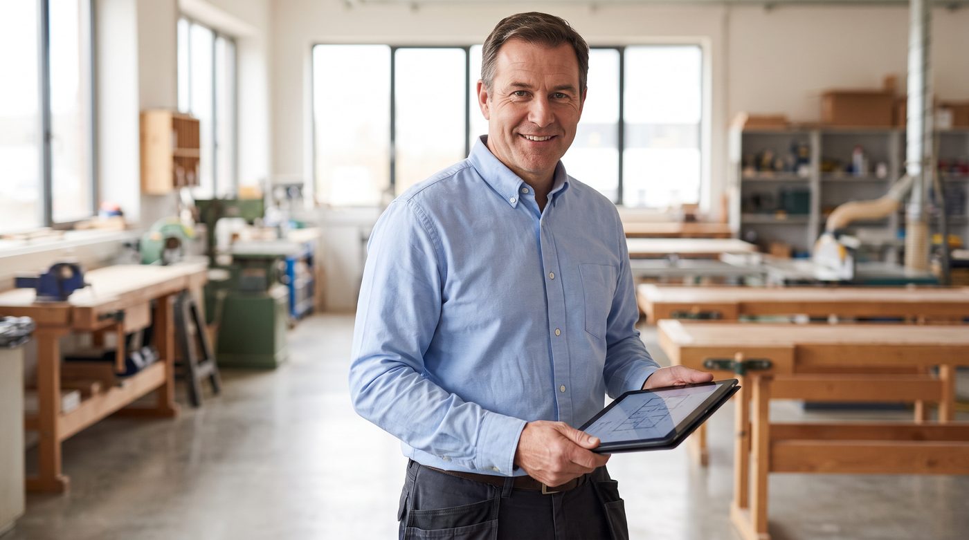 A site manager in a plain light-blue long-sleeve Oxford work shirt holding a tablet in a bright modern workshop