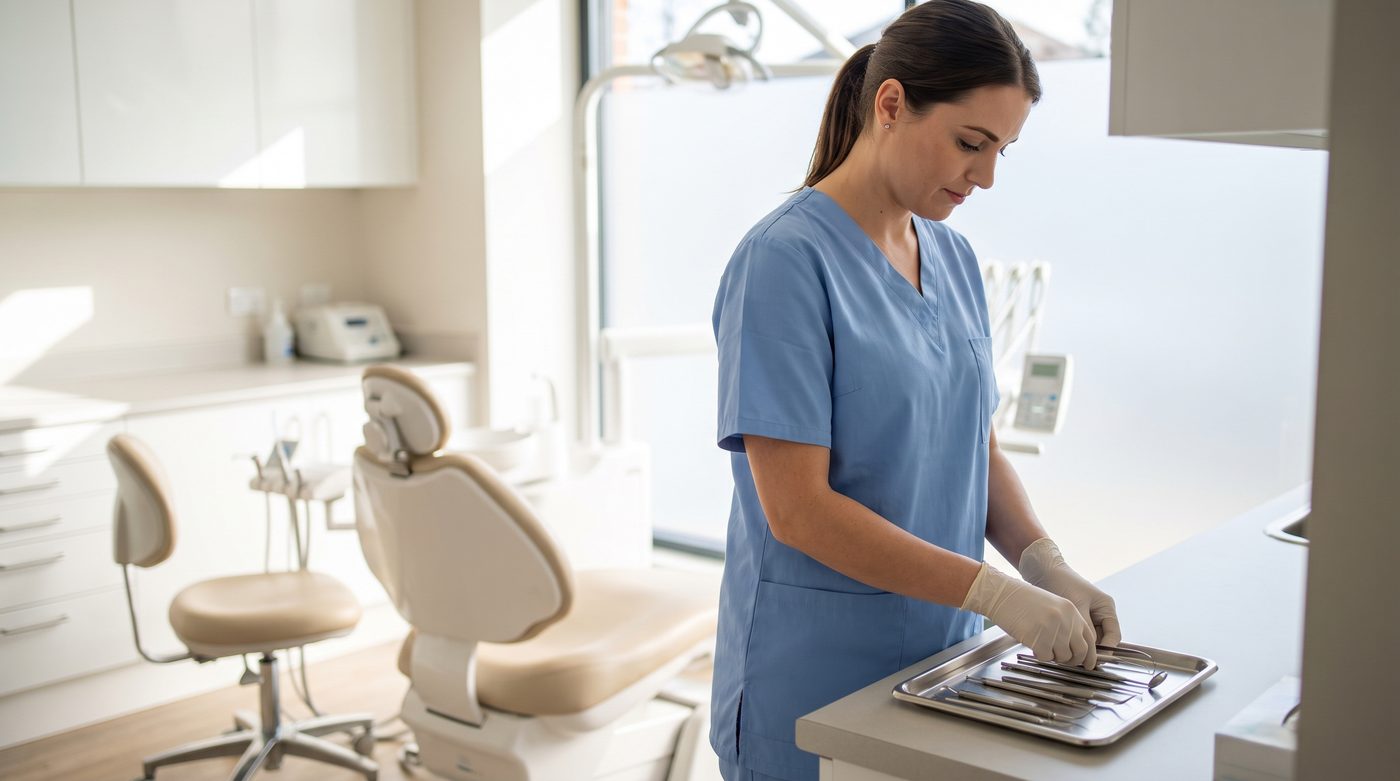 A dental nurse in a plain light-blue tunic preparing instruments in a bright, modern dental surgery