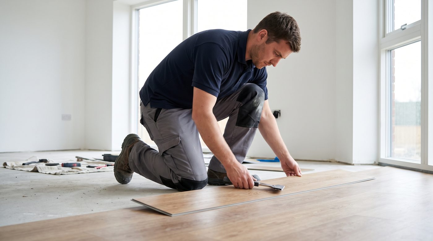 A flooring fitter in plain grey work trousers and a navy polo kneeling to lay wood-effect flooring in a bright empty room
