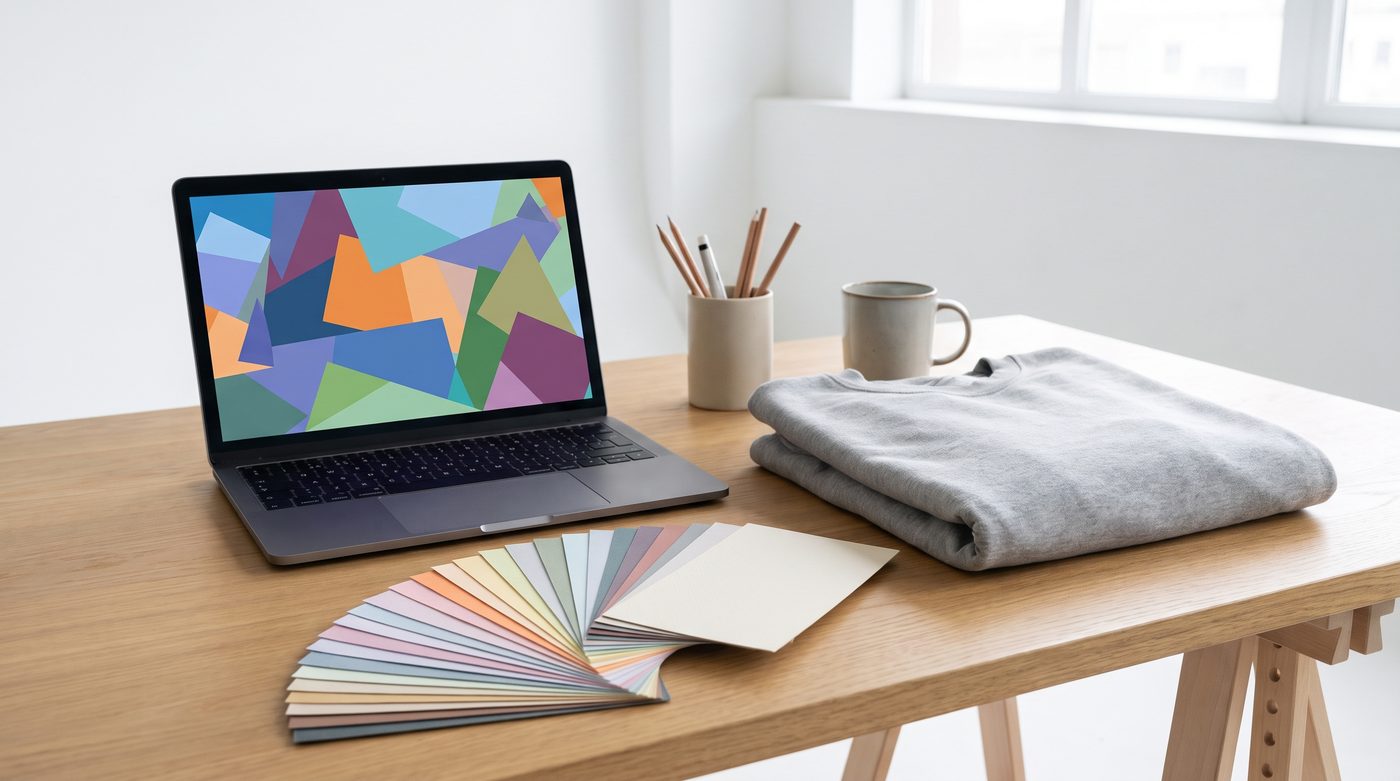 A designer's desk with a laptop showing abstract coloured shapes, colour swatch cards and a folded plain grey sweatshirt