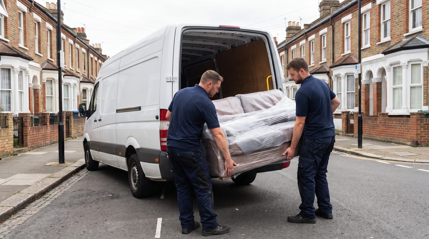Two removals workers in plain navy polos and dark work trousers carrying a wrapped sofa up to a van on a residential street