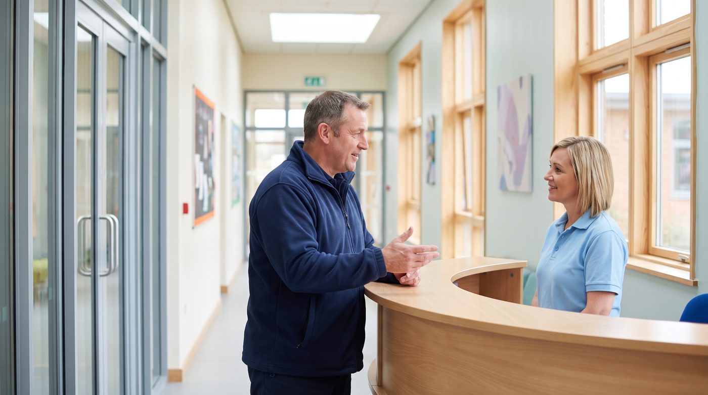 A school site manager in a plain navy fleece and a reception staff member in a plain light-blue polo talking in a bright school corridor