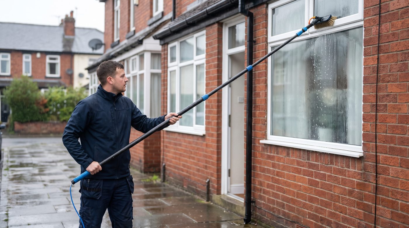 A window cleaner in a plain navy softshell jacket using a water-fed pole on the front of a house on a bright, damp morning