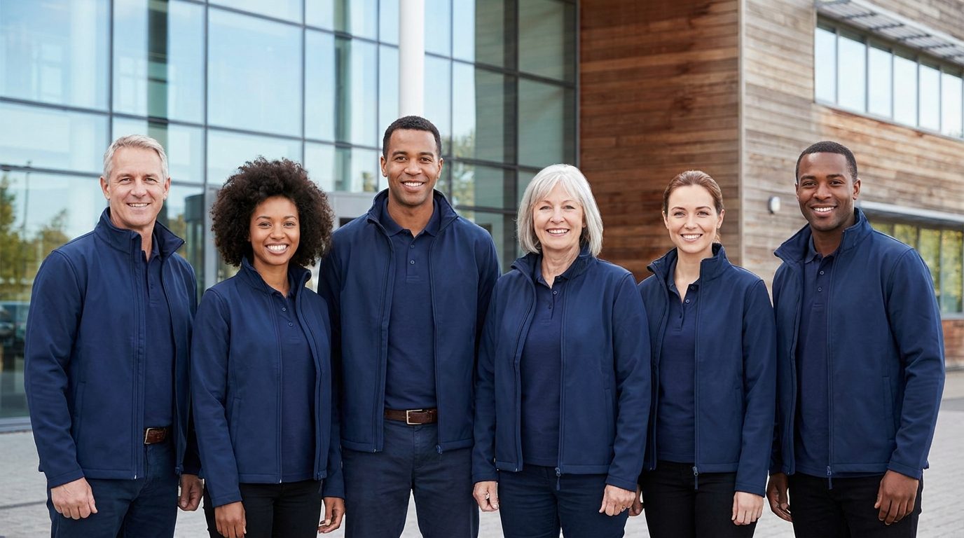 A team in matching branded polos and softshells standing together outside a business unit