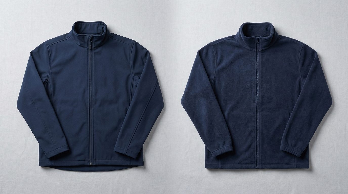 A navy branded softshell jacket next to a matching fleece, laid out side by side