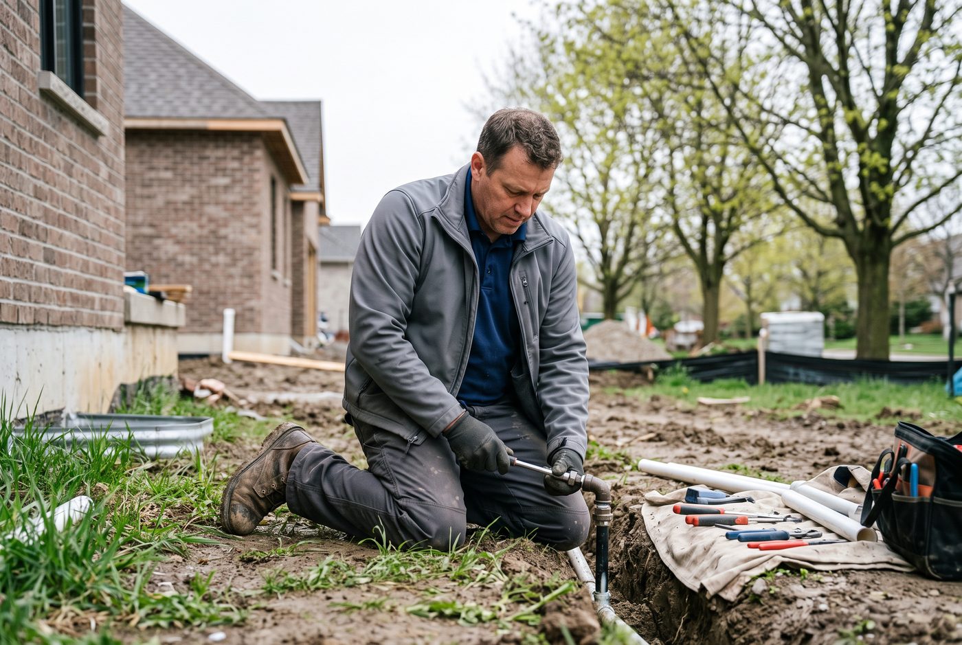 A tradesperson wearing a softshell jacket over a branded polo shirt working outdoors on an overcast day
