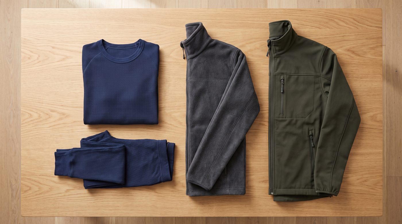 A folded thermal base layer top and leggings laid out next to a fleece and softshell jacket