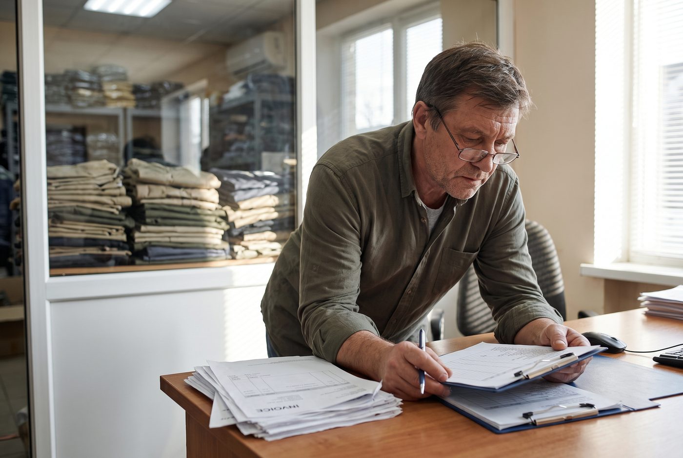 An office manager reviewing a workwear order sheet and invoice at a desk