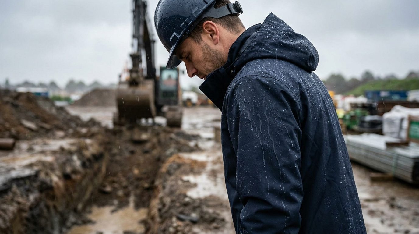 A worker in a navy waterproof jacket with rain beading on the surface on a wet site