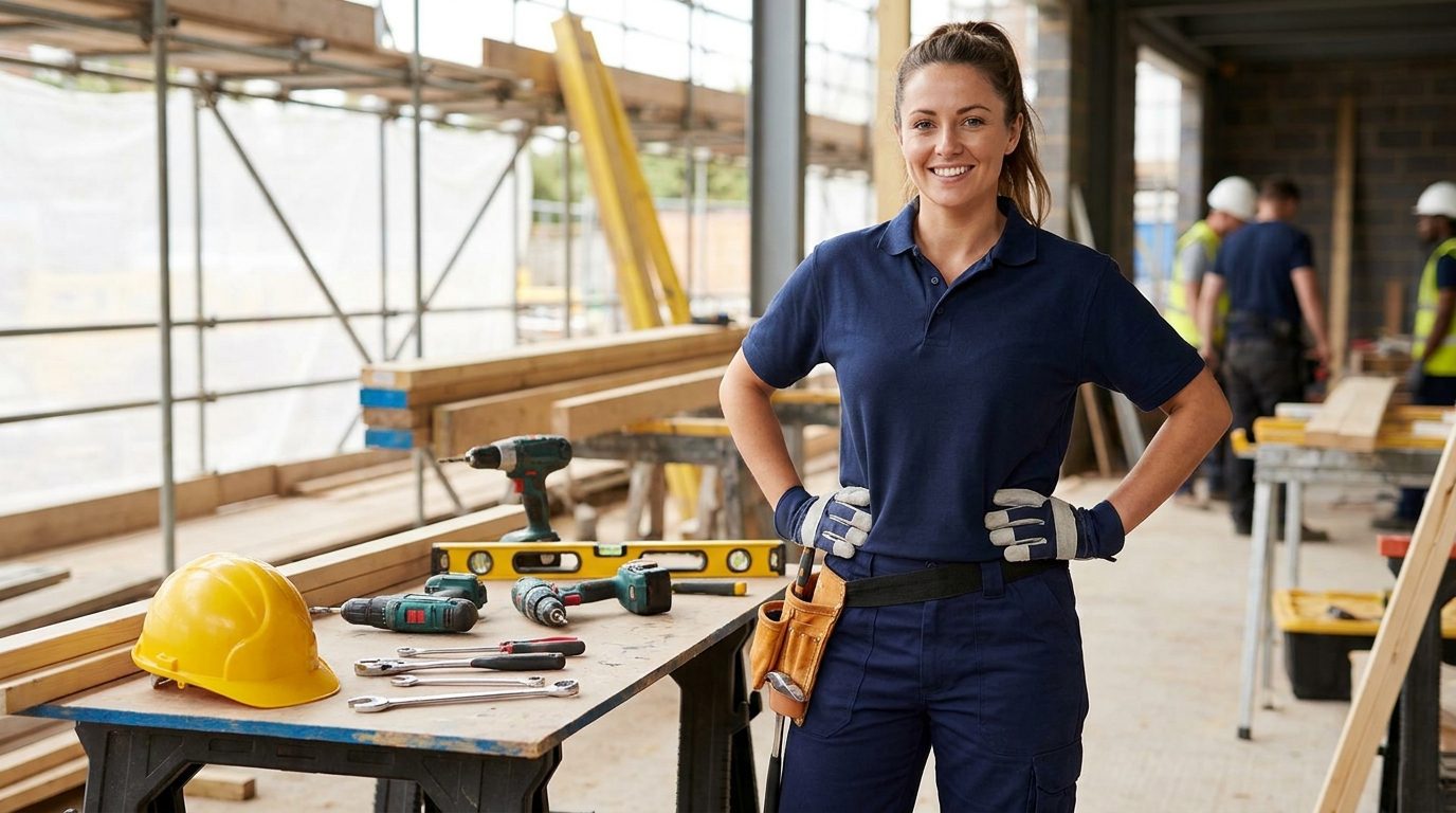 A female tradesperson in well-fitting navy work trousers and a branded polo shirt on a job site
