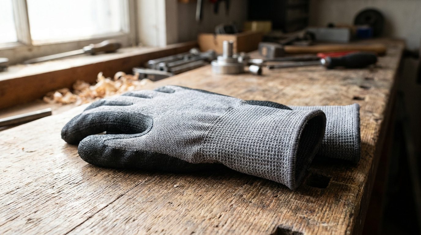 A close-up of a pair of work gloves showing the printed safety rating markings on the cuff