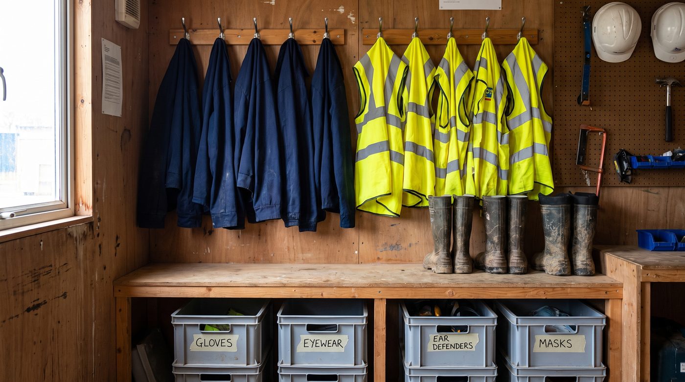 Branded workwear and PPE neatly stored on labelled shelving and hooks in a site cabin